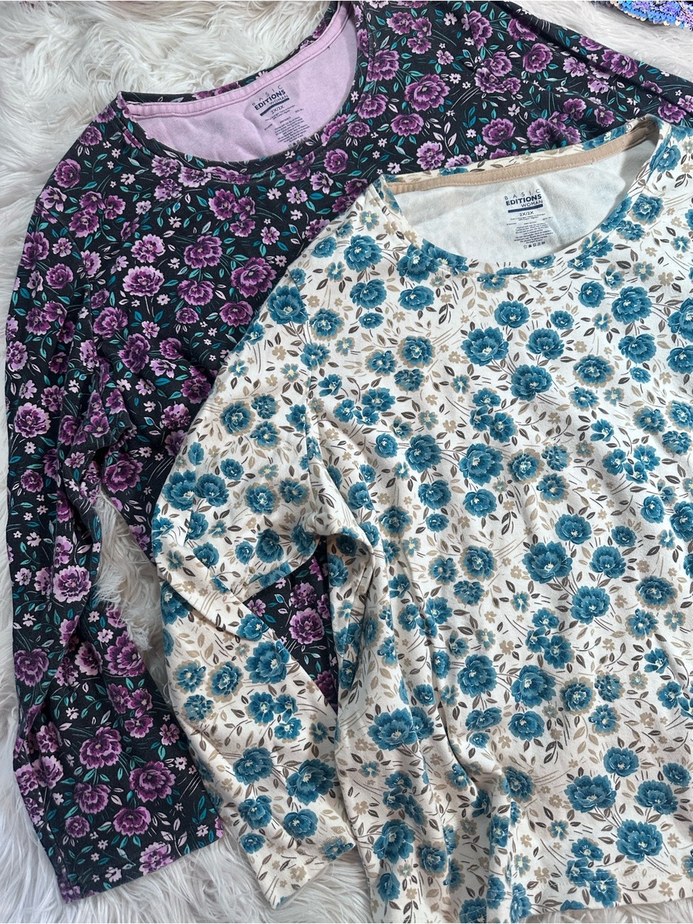 Basic Editions • 2 Floral Print Cotton Long Sleeve Crewneck Tees